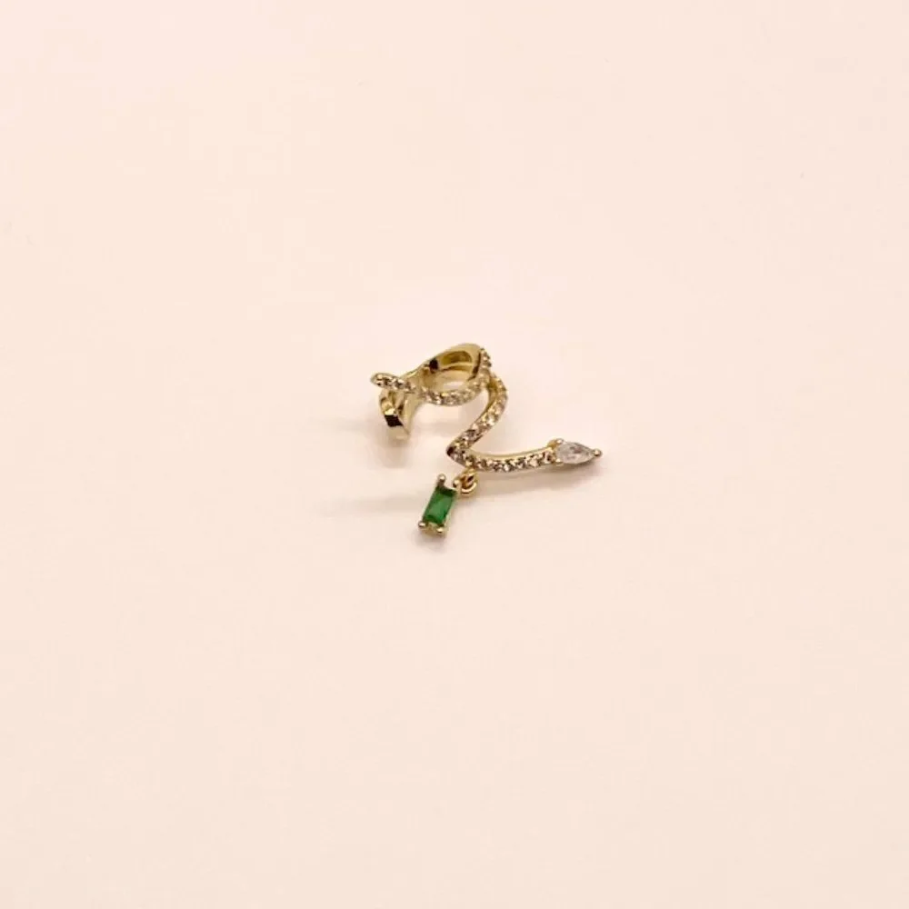 Serpent Snake CZ Ear Climber Cuff with Delicate Emerald Crystal Dangle Detail
